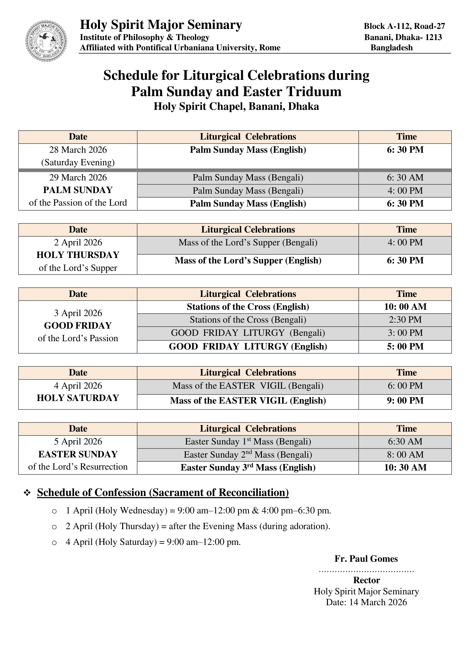 Schedule for Liturgical Celebrations during Palm Sunday and Easter Triduum in English